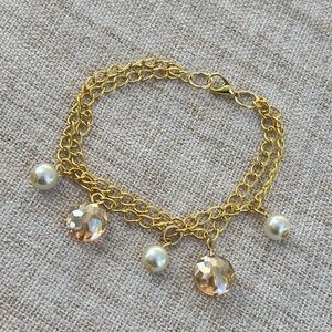 14k Gold Plated Chain Bracelet with Pearls and Crystals